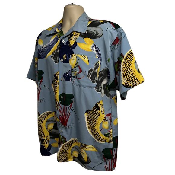 Koman Mens Blue Vintage Hawaiian Asian Koi Fish Button Up Shirt Medium Pocket - Picture 2 of 6